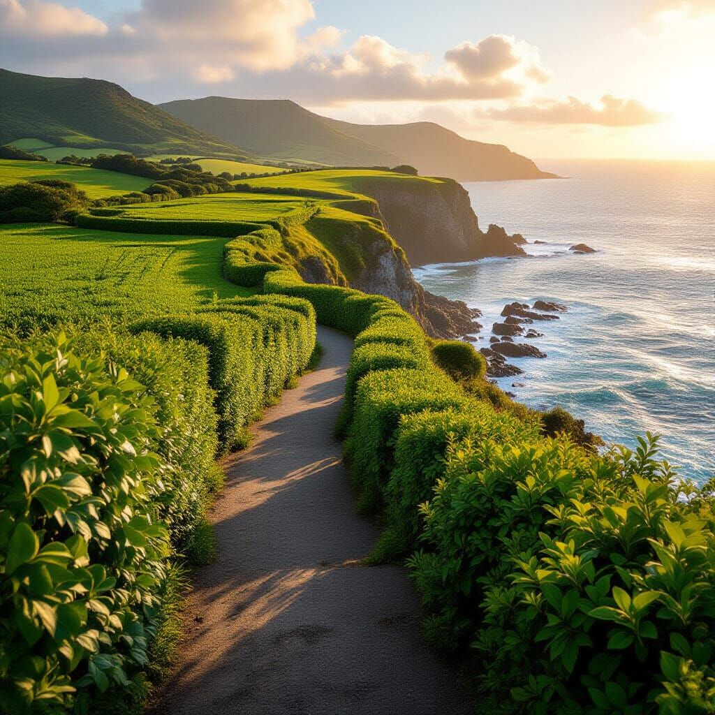 Golden Hour Cliff Path Overlooking Turbulent Sea