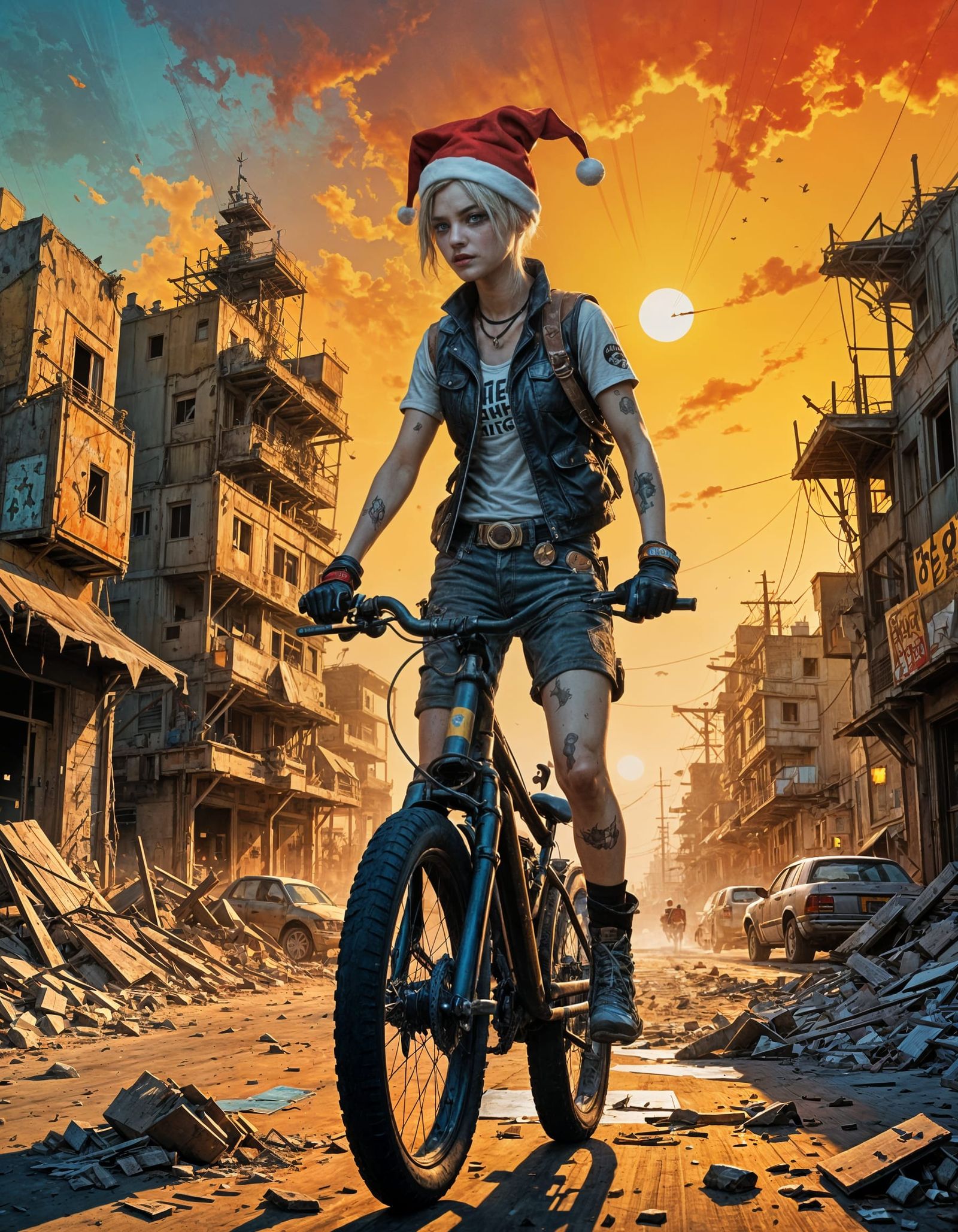 Harley Quinn Rides a Bike into Postapocalyptic Sunset