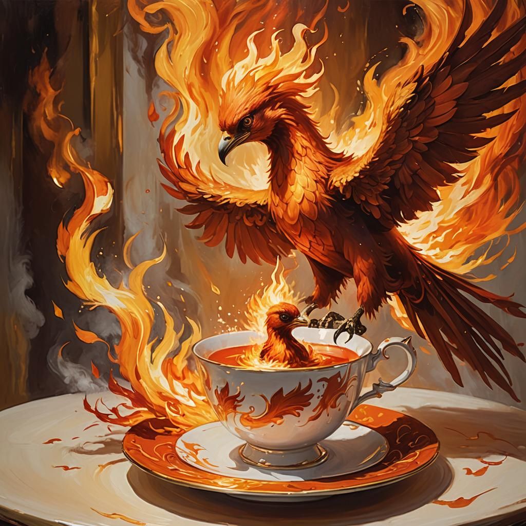 Fiery Baby Phoenix Rising from Teacup