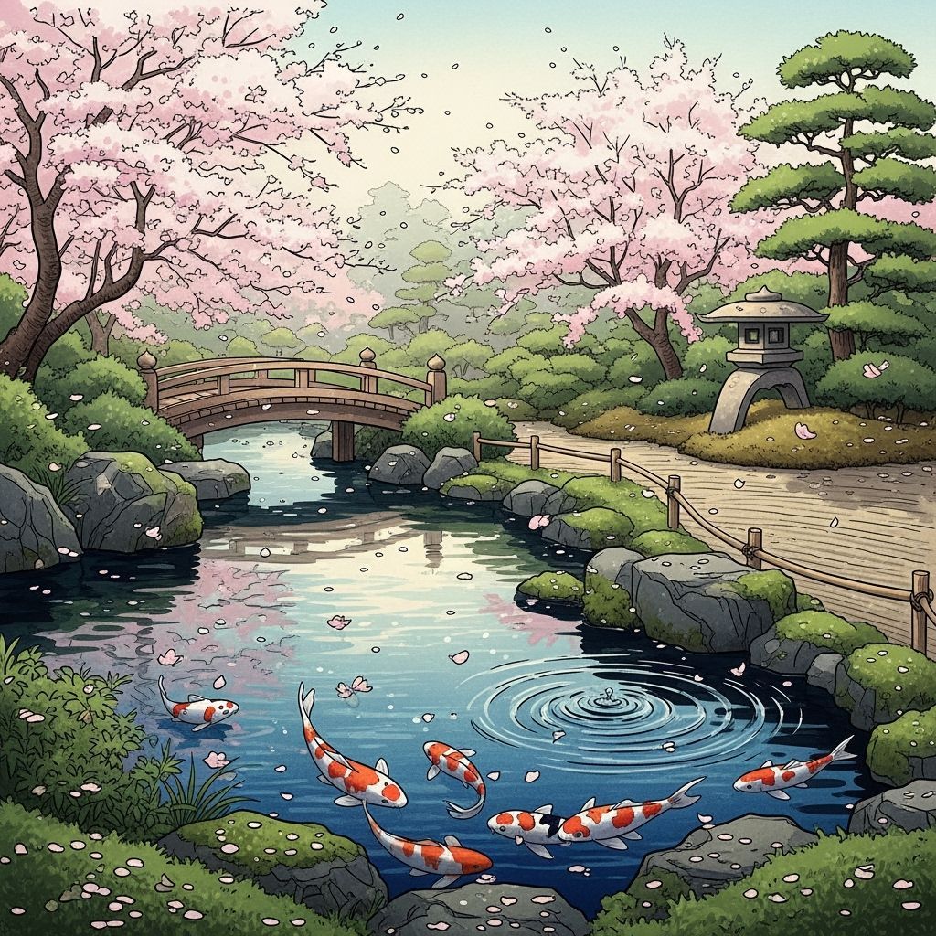 Serene Japanese Garden: Hokusai-Inspired Watercolor Landscap...