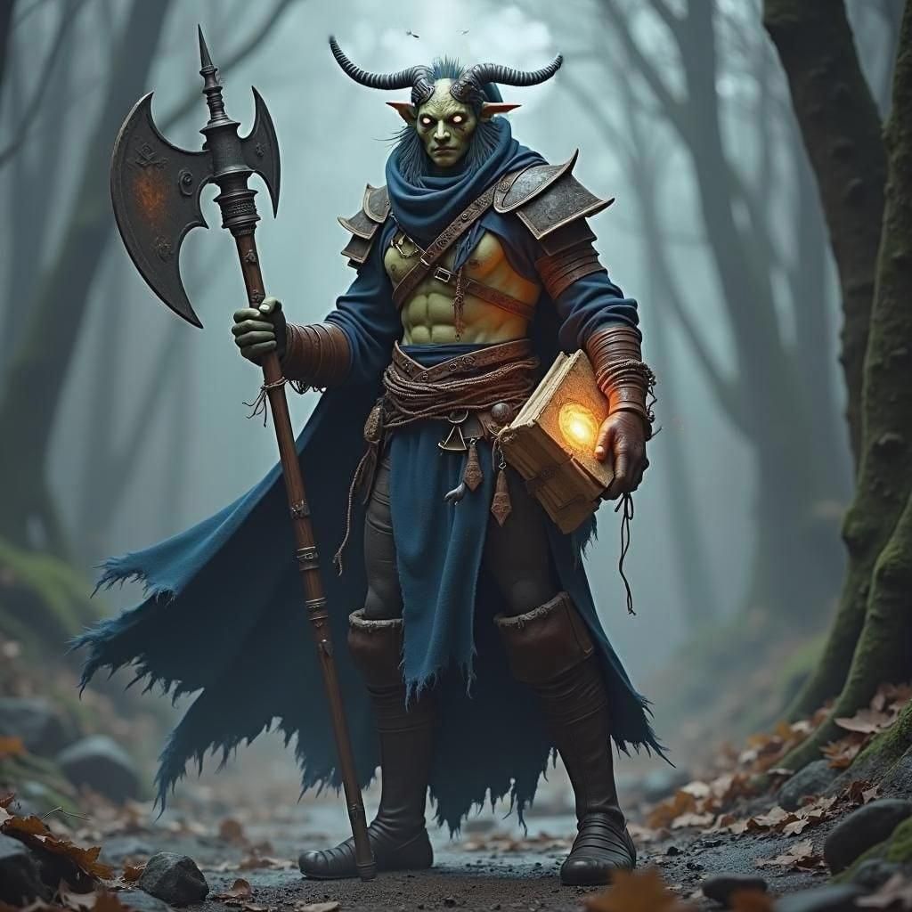 Fantasy Fetchling Warrior with Axe and Tome