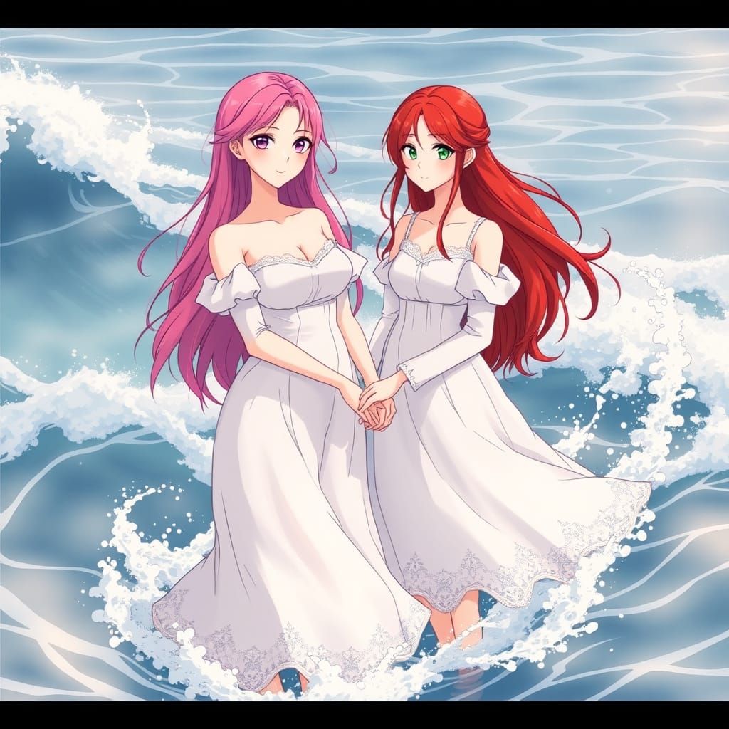 Anime Women in Flowing Dresses by the Ocean