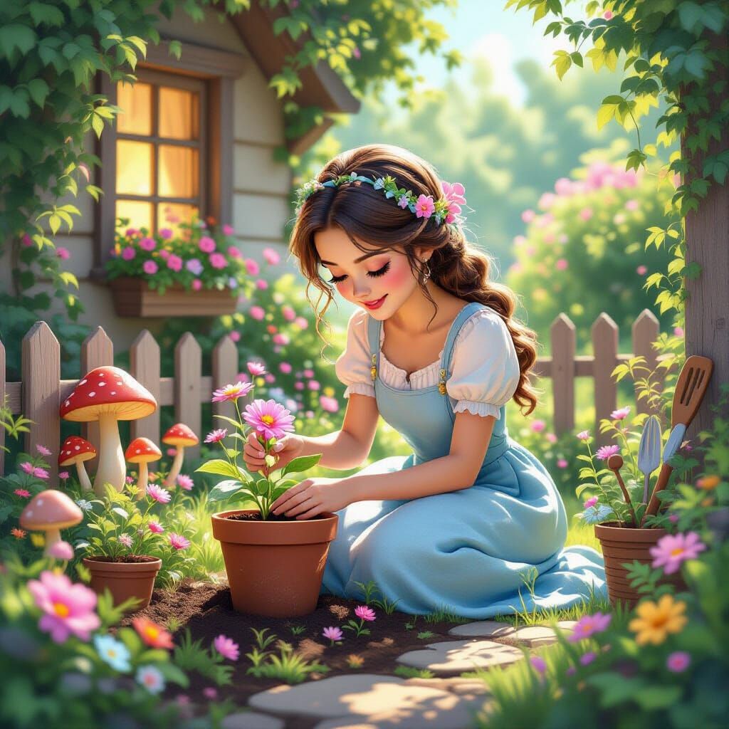 Magical Gardener in Whimsical Cottage Garden