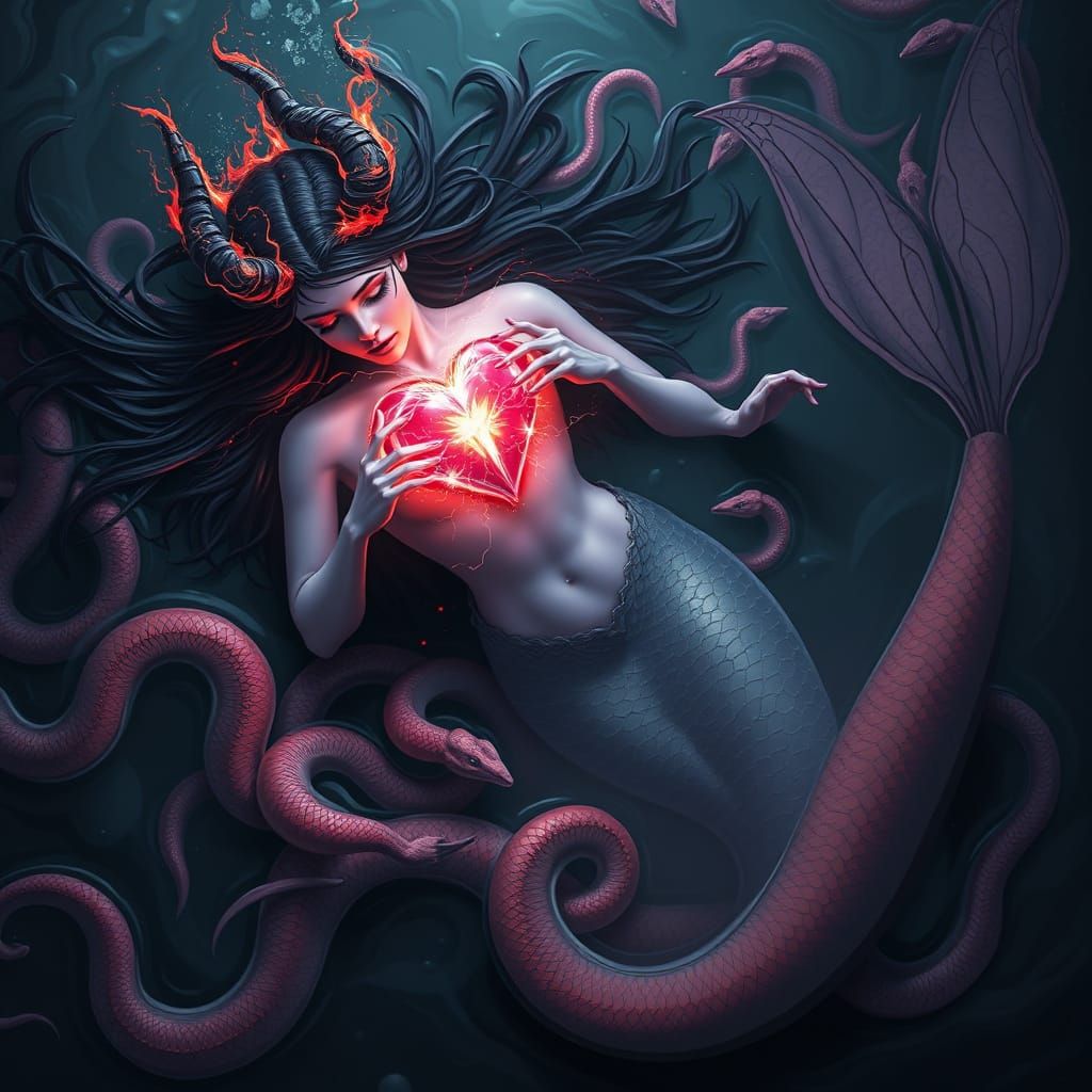 Surreal Mermaid with Fiery Horns in Dark Waters