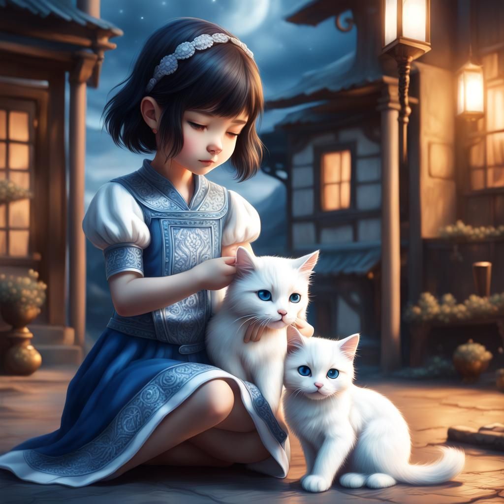 Chibi Girl and Cat: A Cute Digital Painting