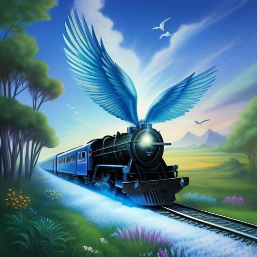 Fantasy train with wings that allow it to take flight