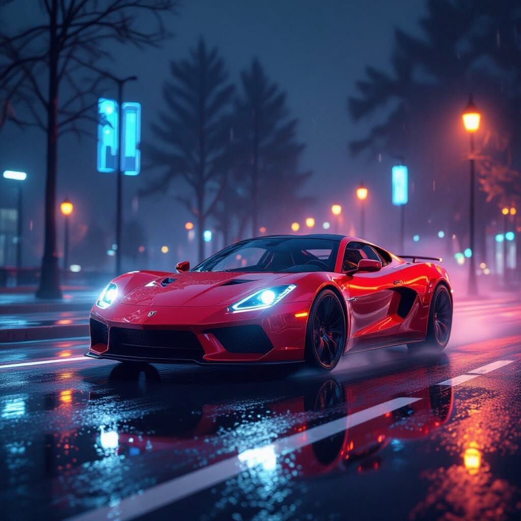 Sleek Red Sports Car on Wet Night Road