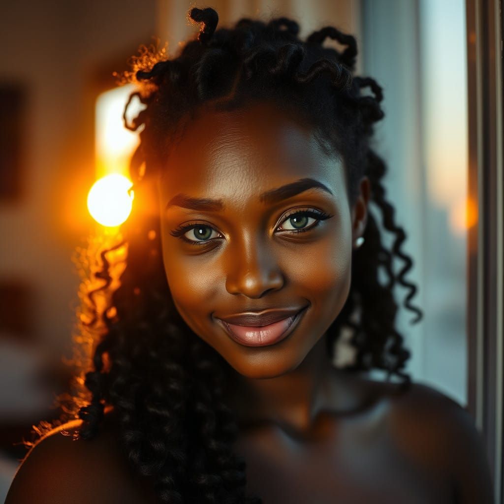 Serene Young Black Woman in Sunset Glow