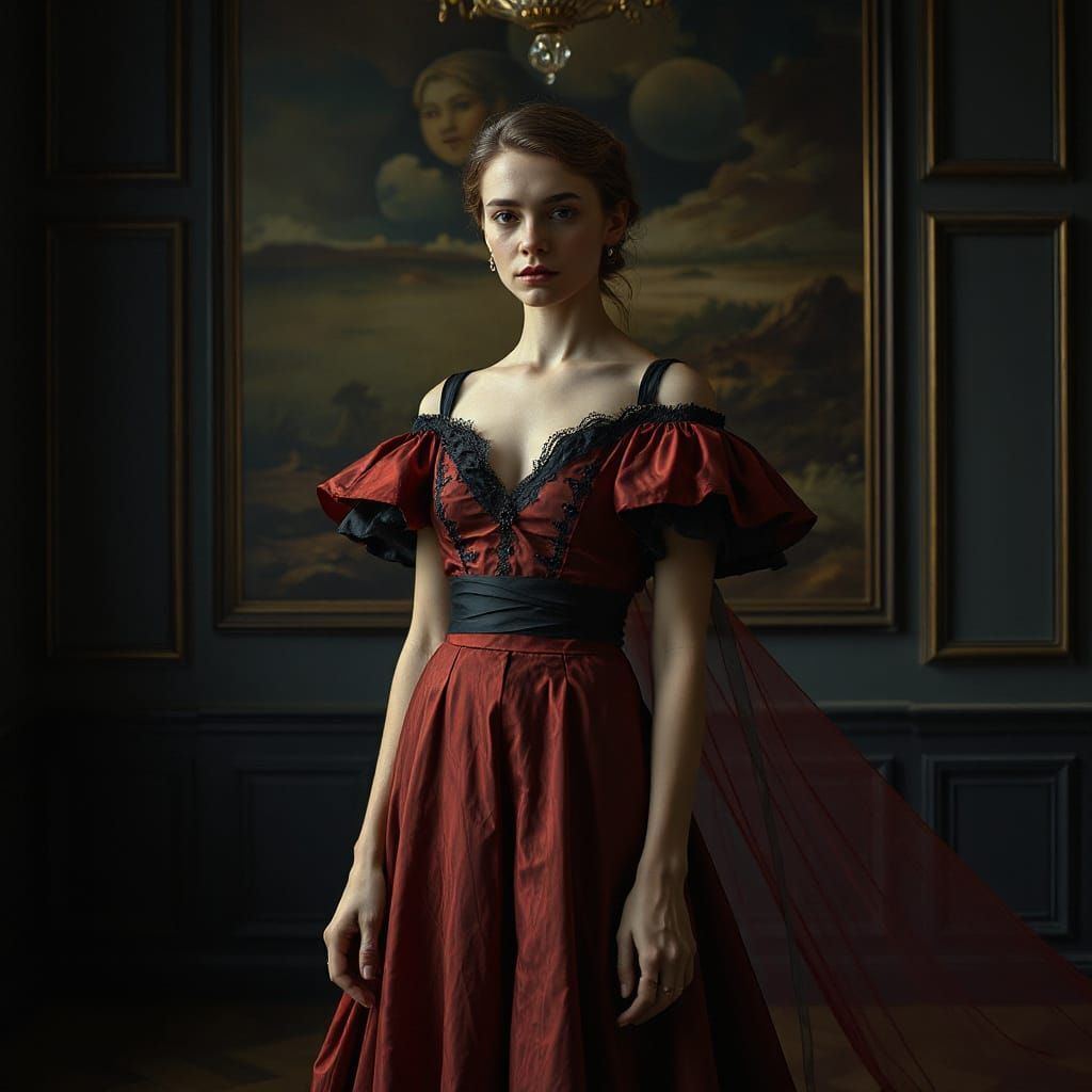 Woman in Red and Black Dress in Dark Room