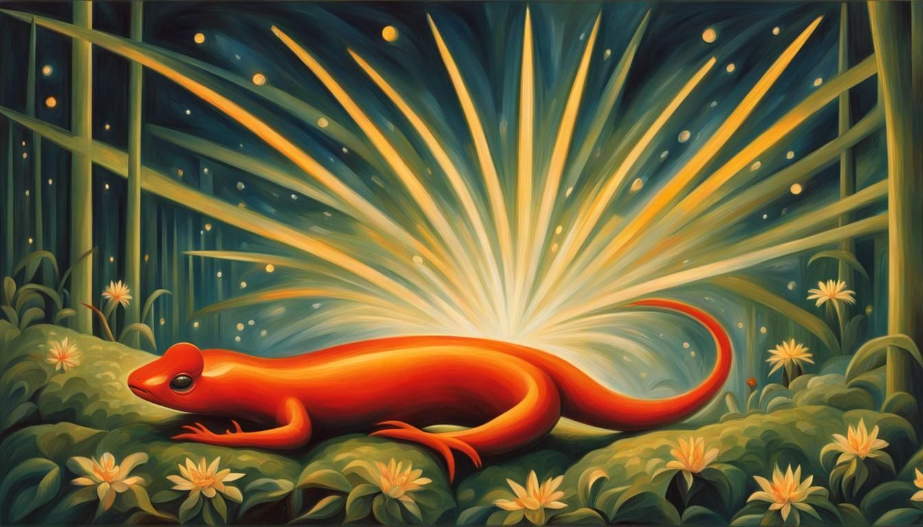 Mossy Salamander with Fireflies and Beams of Light
