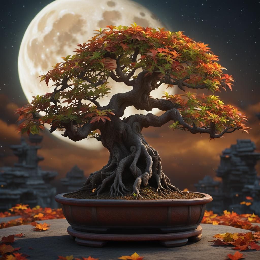 Eerie Banyan Bonsai Tree in Autumn Moonlight