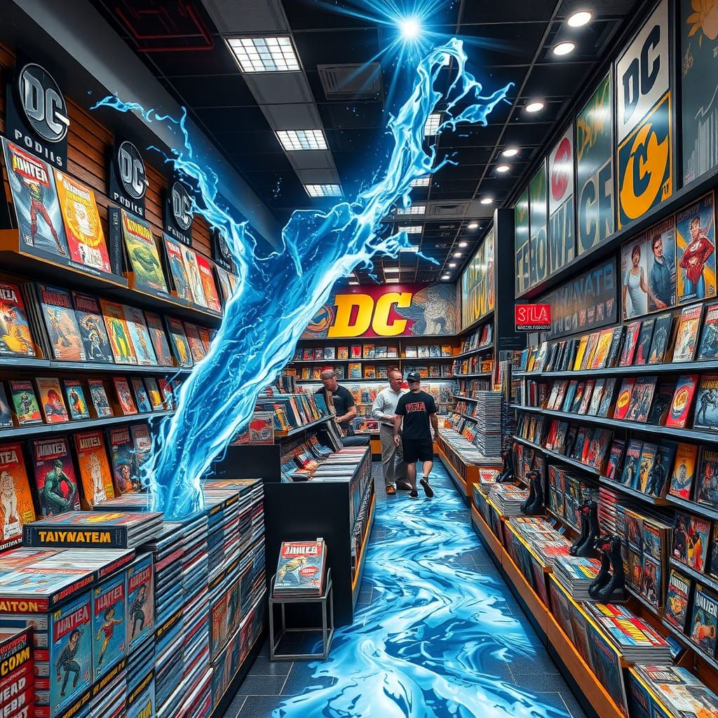 Cosmic River Flows Through DC Comics Store in Hyperrealistic...