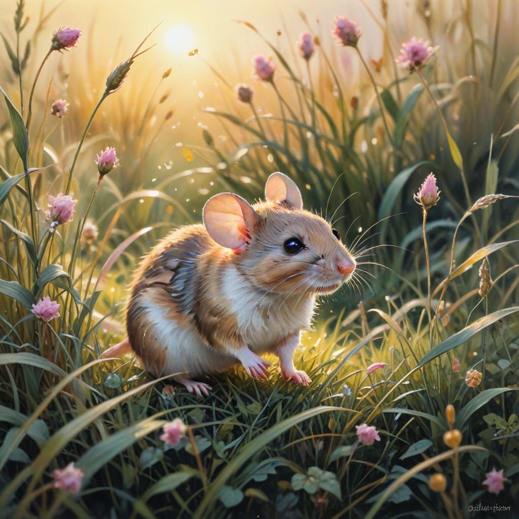 Mouse Seeking Seeds in Golden Hour Watercolor