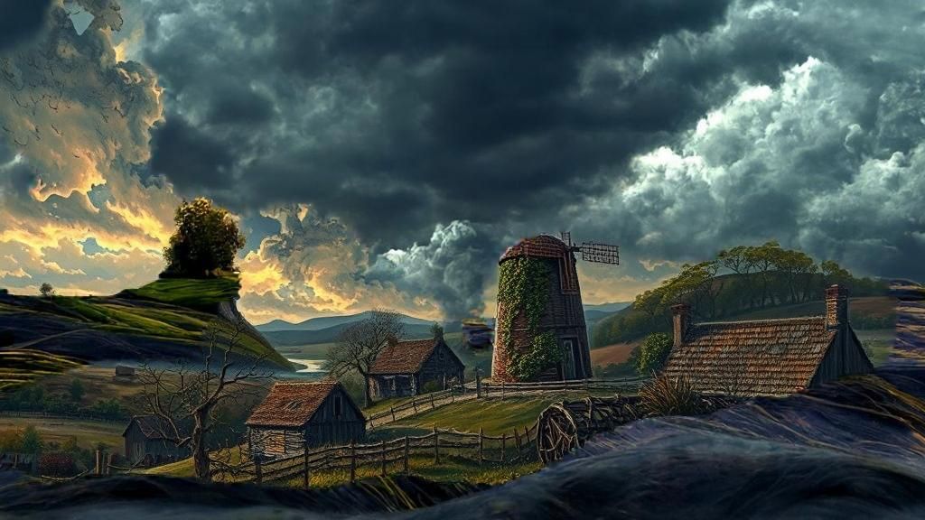 Stormy Windmill Landscape as Classic Painting