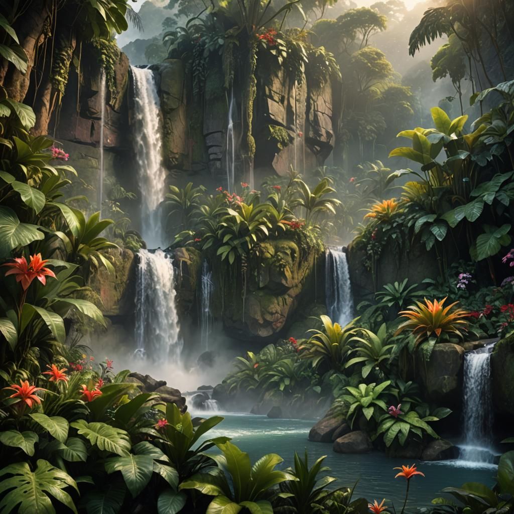 Serene Tropical Oasis at Dawn, in Cinematic Volumetric Light...
