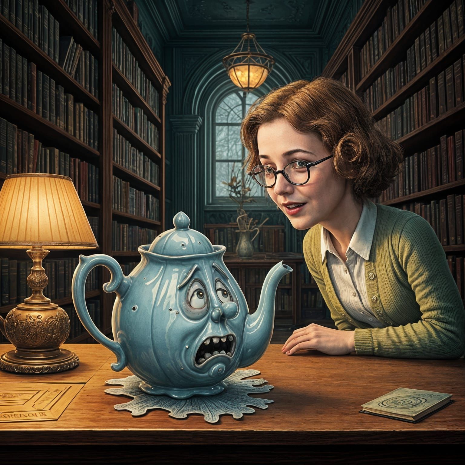 Anamorphic Teapot in Frightful Library Scene