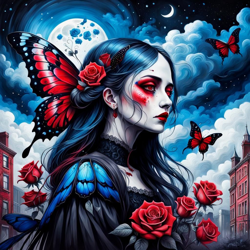Victorian Gothic Woman with Butterfly Wings in Graffiti Art