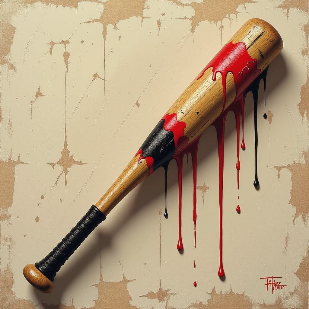 Weathered Baseball Bat Dripping Crimson and Black Paint