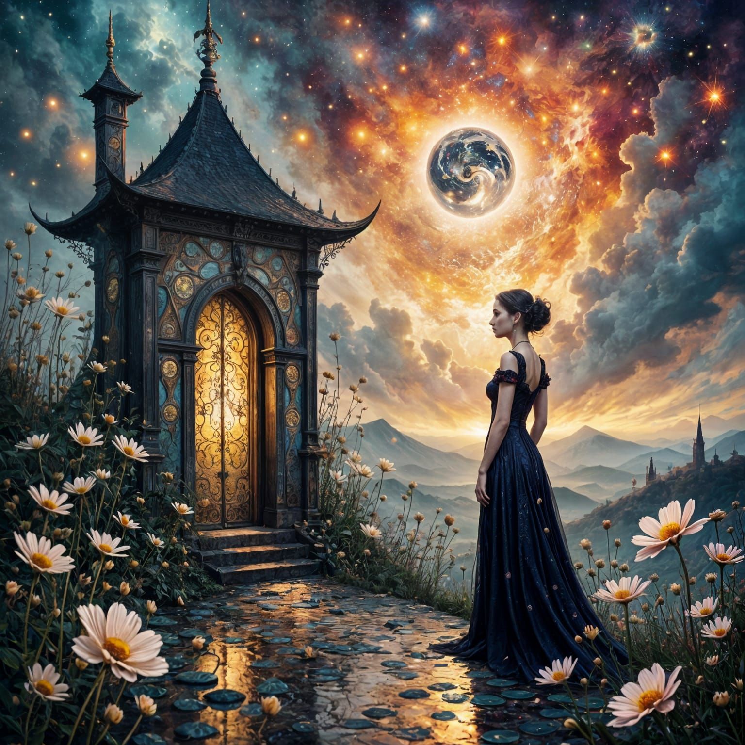Elegant Woman in Dreamlike Gothic Garden