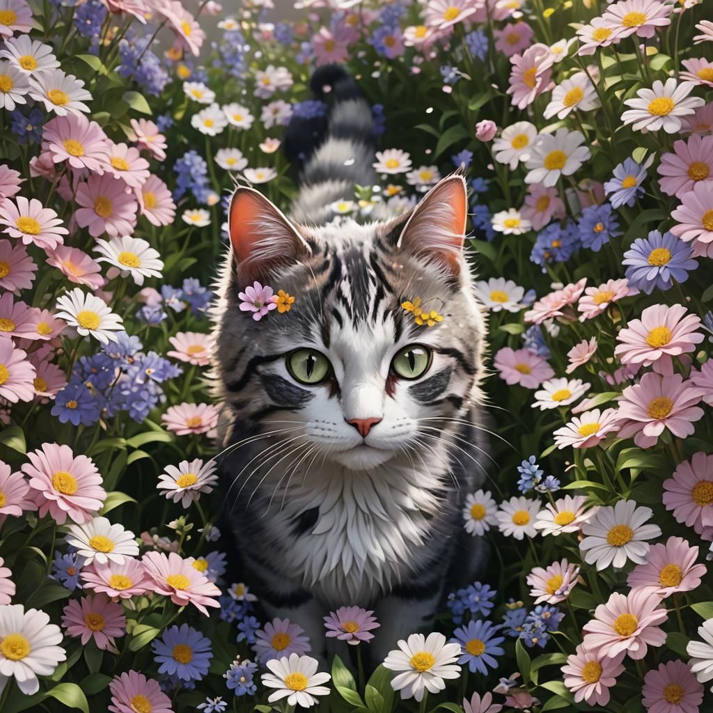 Anime Cat in Flowers, 3D Digital Art