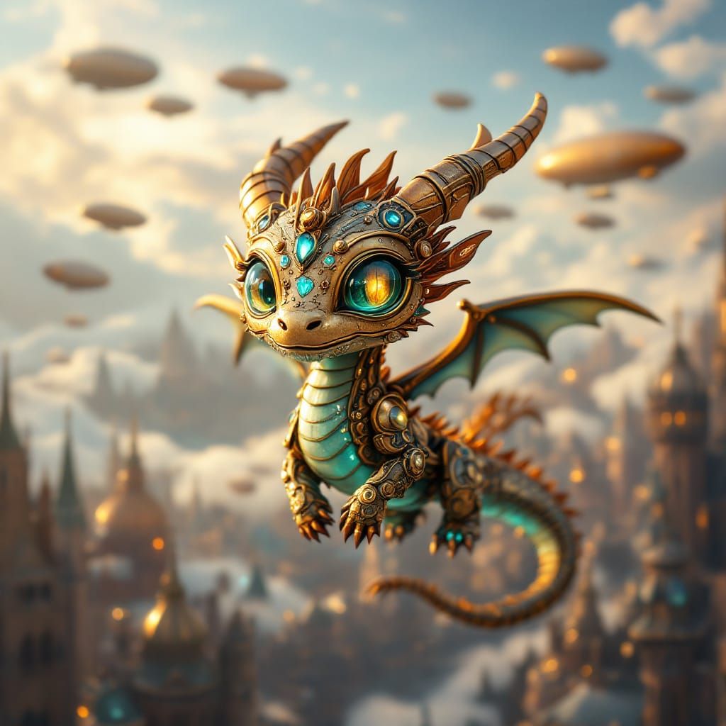 Steampunk Chibi Dragon Soaring Above Retro-Futuristic City