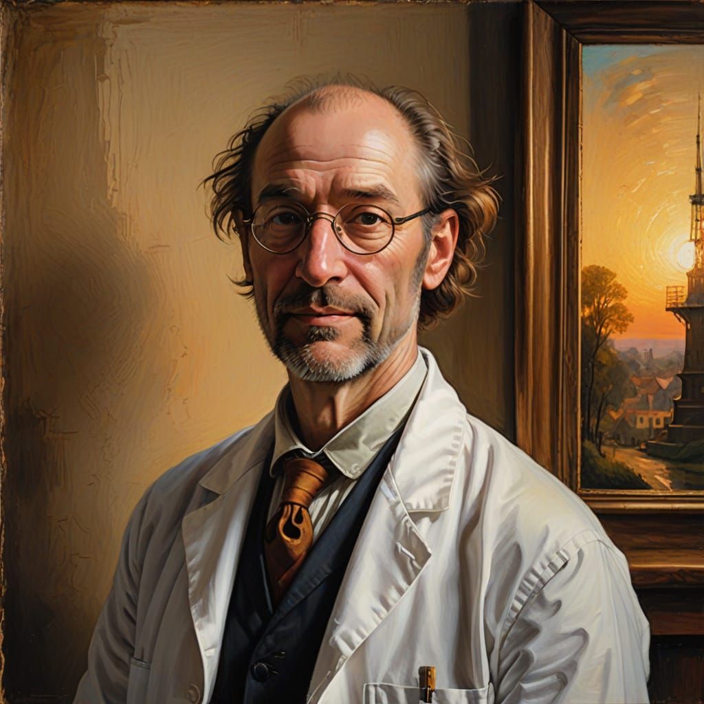 German Man in Lab Coat, Oil Painting Portrait