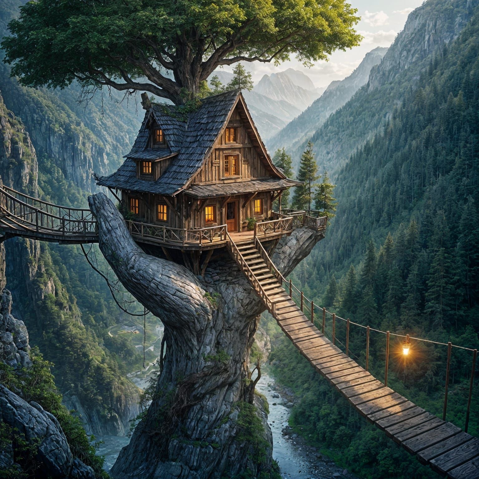 Ancient Stone Hand Supports Enchanted Treehouse in Mountain ...