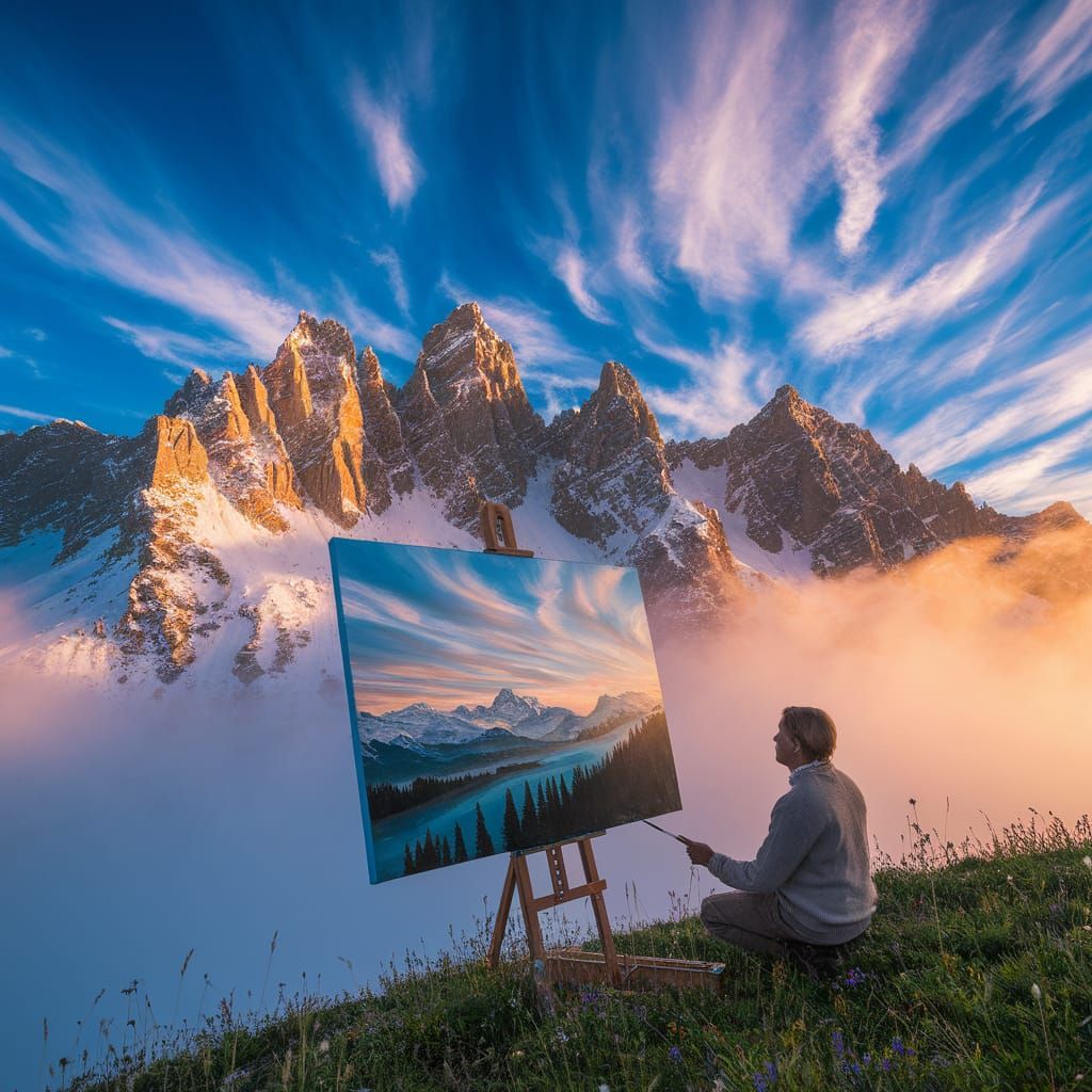 Artist's Easel at Alpine Dawn in Golden Sunlight