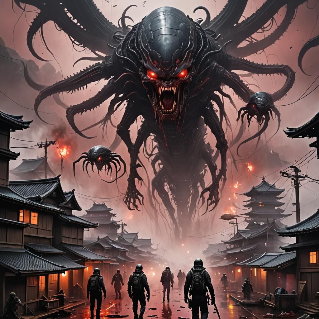 Alien Invasion of Japanese Village in Dark Fantasy Style