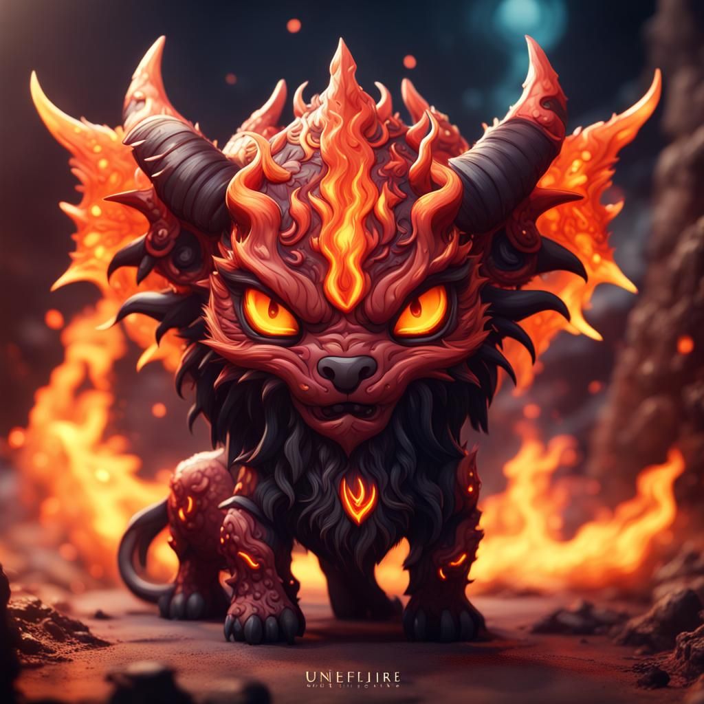Detailed Chibi Hellfire Chimera in Fantasy Art Style