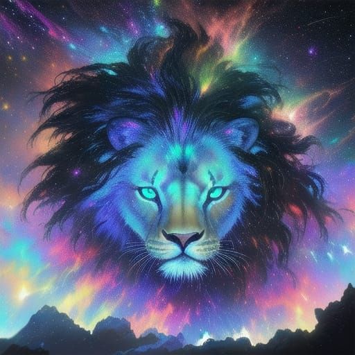 Stardust Lion Overlooking Nebula in Oil Painting Style