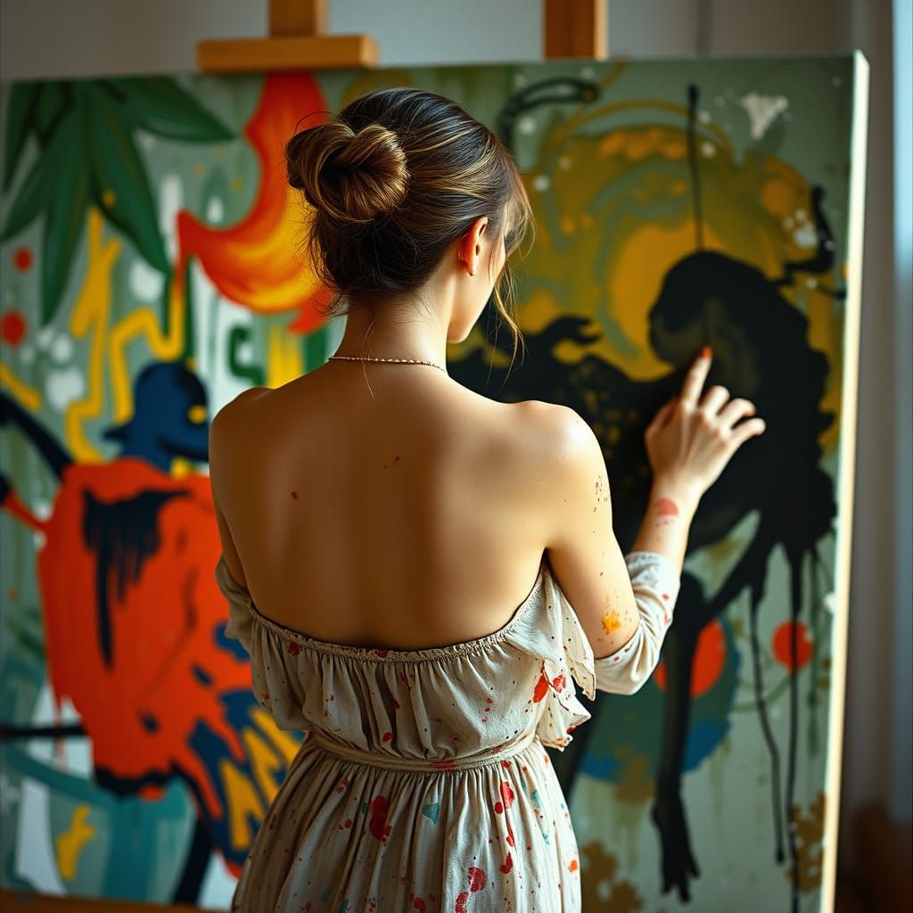 Ethereal Female Artist in Dynamic Post-Impressionist Brushst...