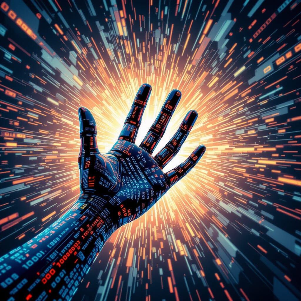 Sentient Binary Hand Emerges From Digital Void