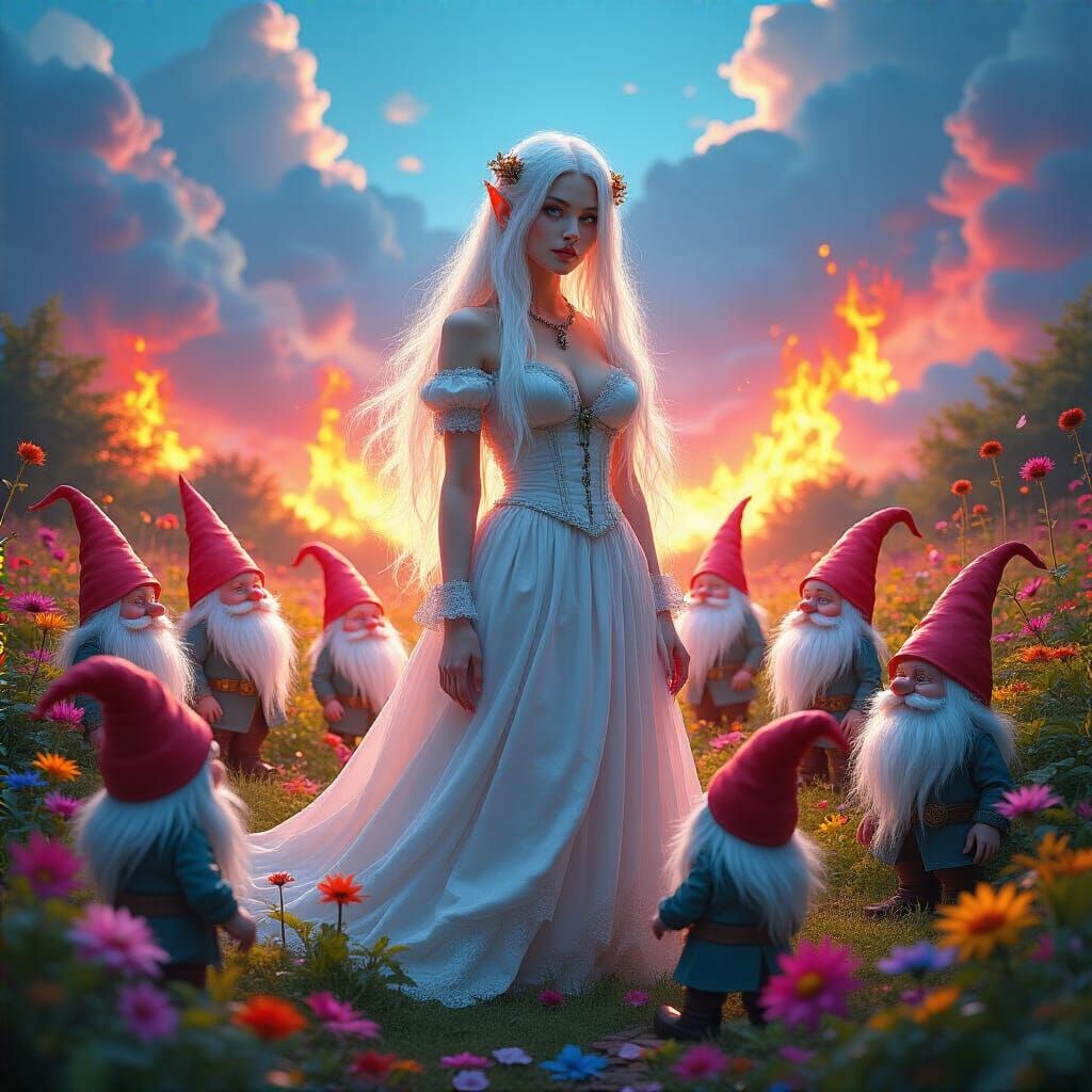 Snow White and Gnomes in Hyperrealistic Splash Art