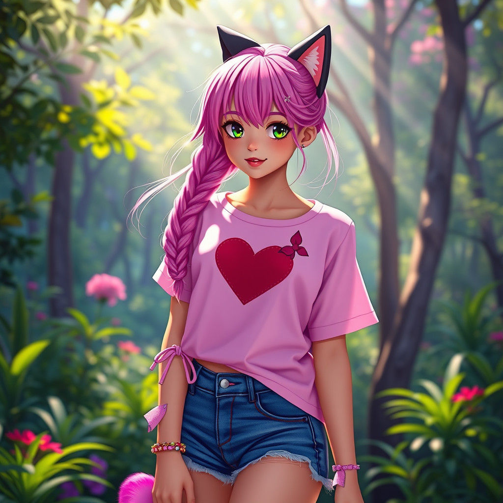 Teenage Girl with Cat Ears in Dreamlike Forest