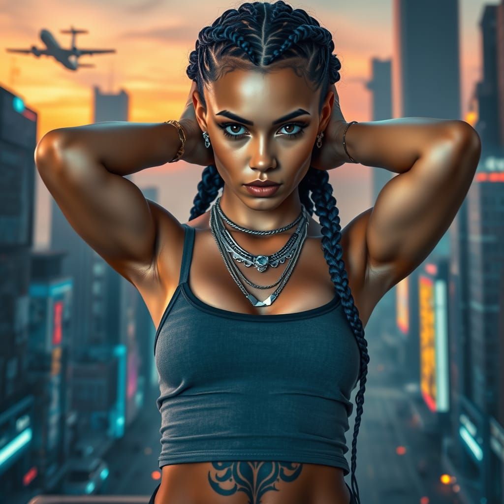 Cyberpunk Woman with Braids in Neon Cityscape