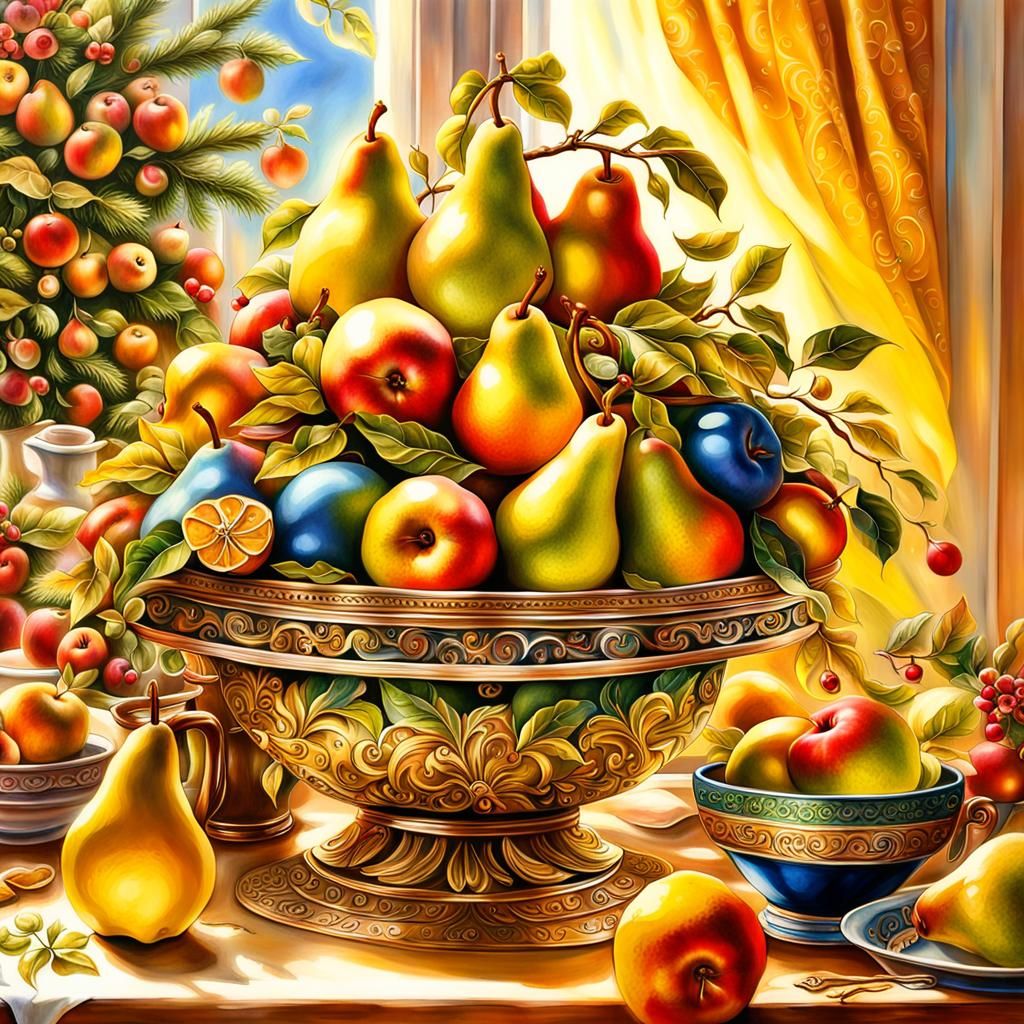 Christmas Table with Pears and Apples in Airbrush Art