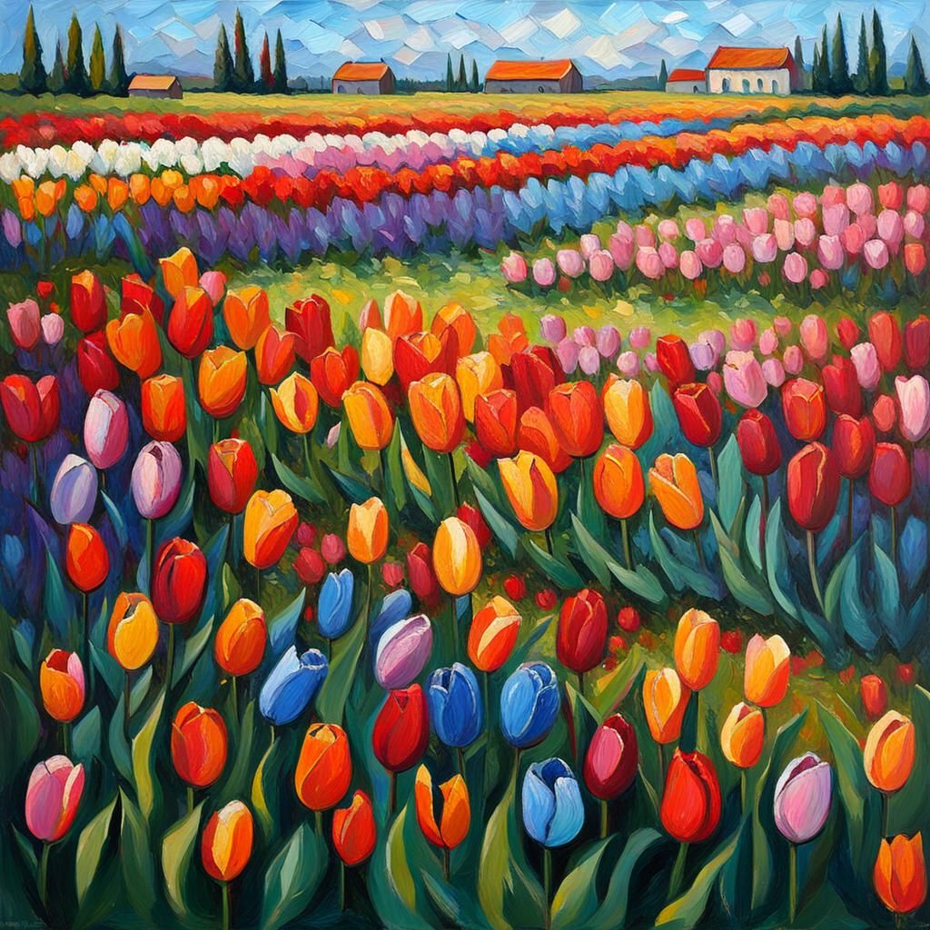 Colorful Tulip Fields in Expressionist Oil Painting