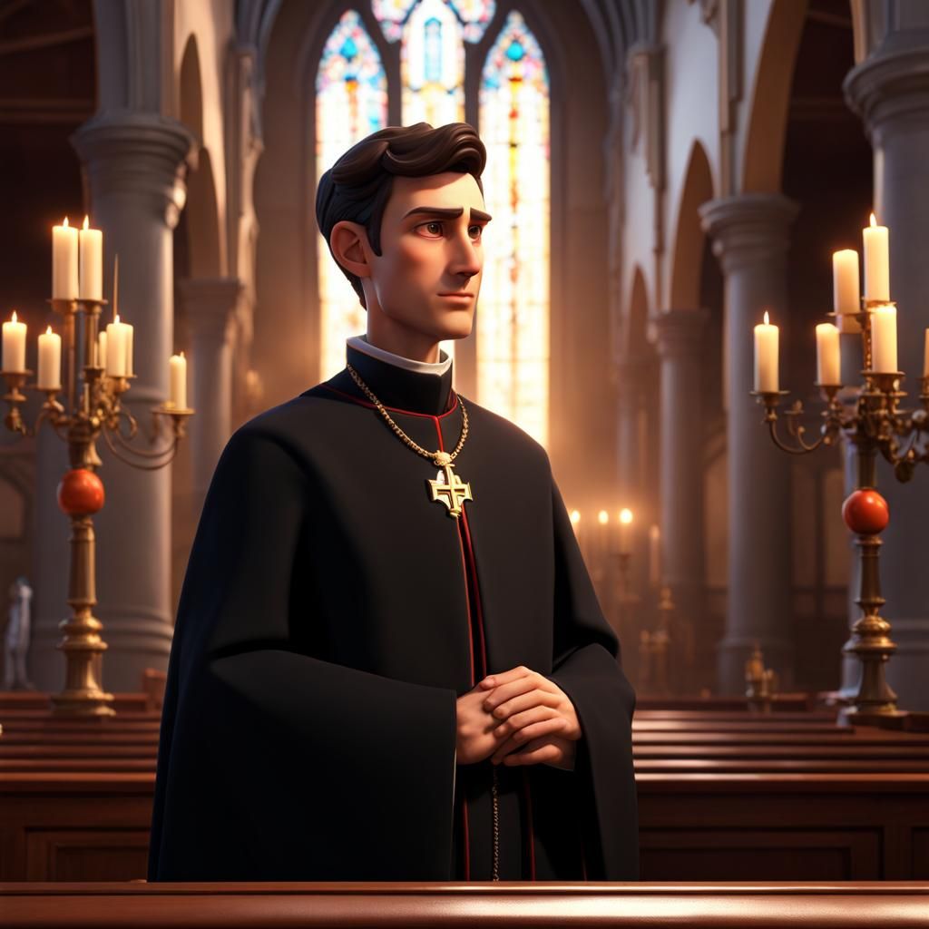 French Priest in Church: Pixar-Style 3D Digital Art