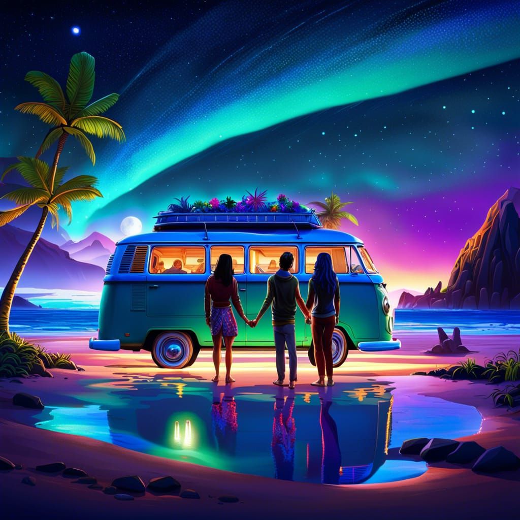 Hawaiian Beach at Night with Northern Lights