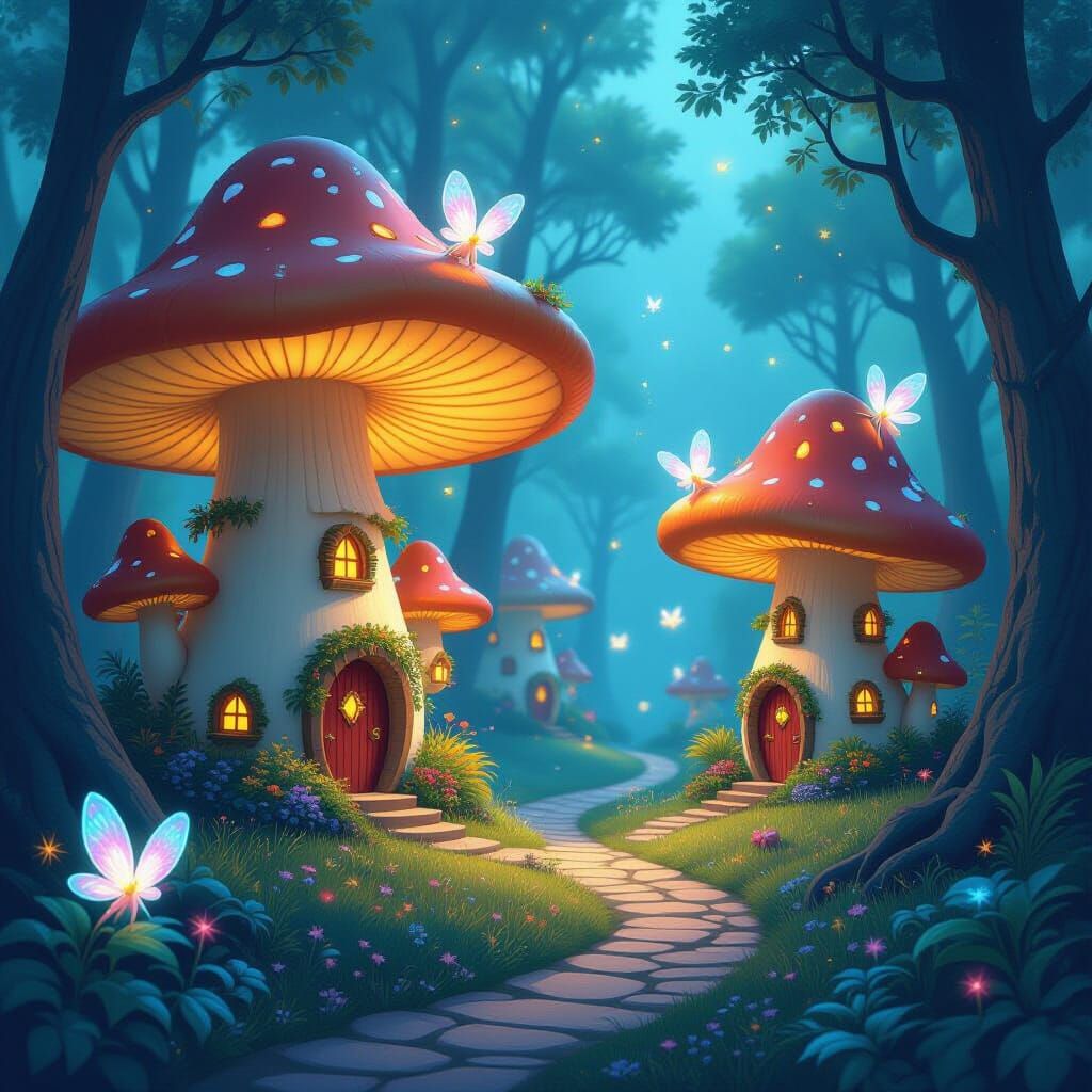 Enchanting Mushroom Village in Bioluminescent Forest
