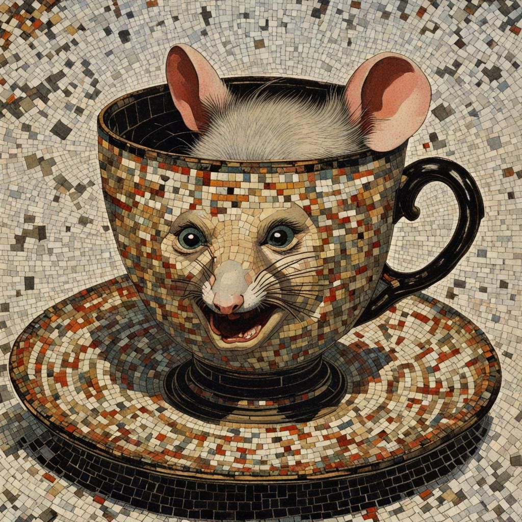 grotesque teacup mouse mosaic in comic book art about horror by francisco goya