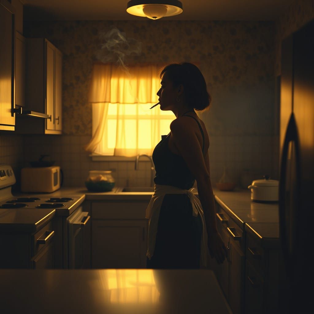 Dark Kitchen Noir with Vintage Appliances and a Smoking Woma...
