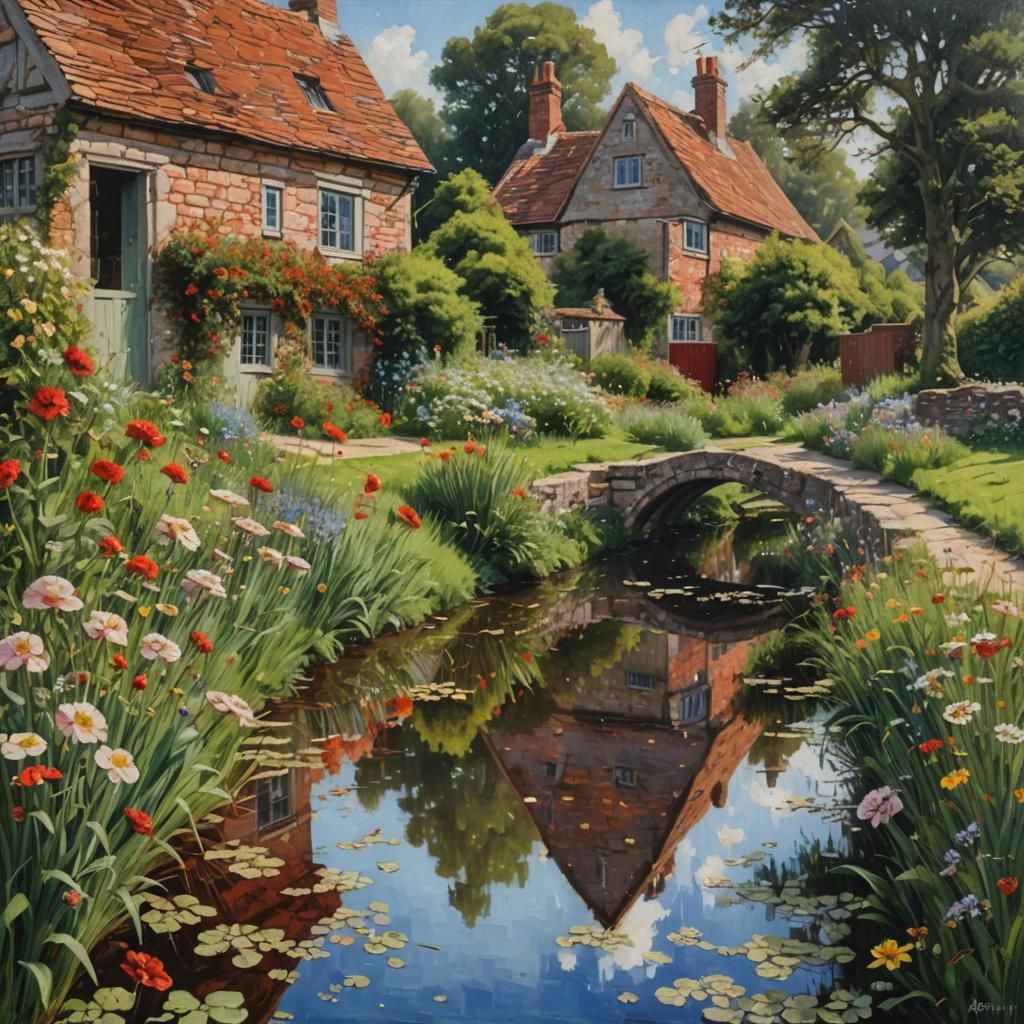 Red Cottages Reflected, Oil Painting by James Gurney
