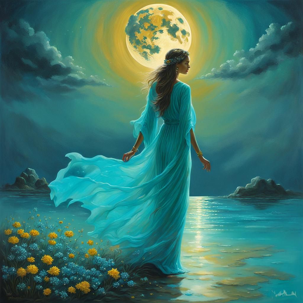 Woman on the Moon: Romantic Oil Painting