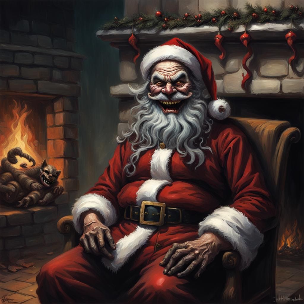 Creepy Santa Claus with Cheshire Grin by Fireplace