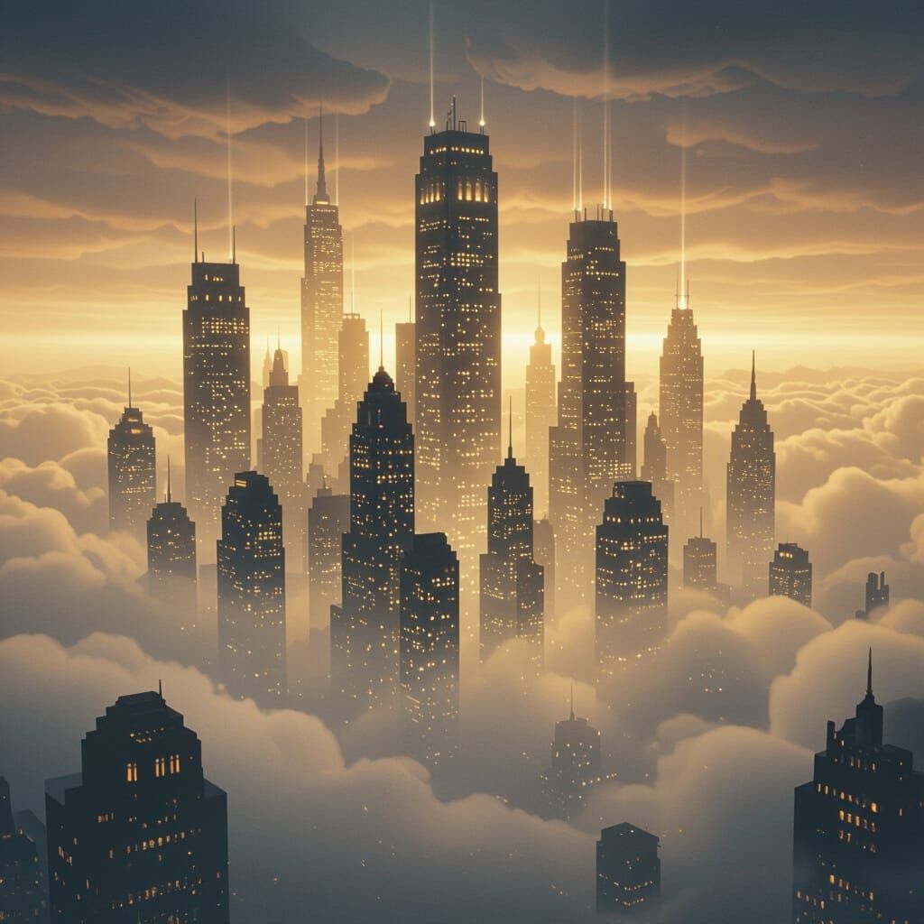 Ethereal Ghost City Above Clouds in Film Noir Style