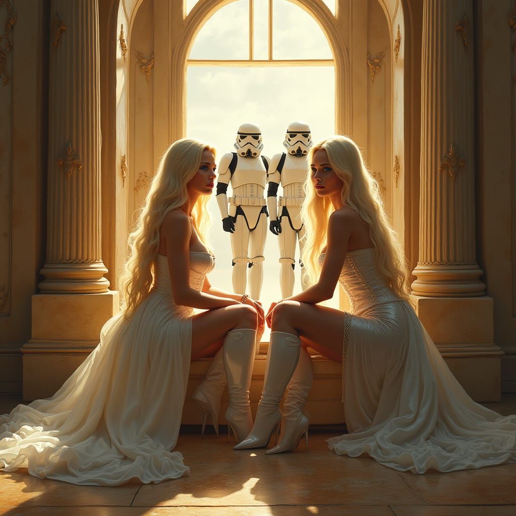 Elegant Sisters by Ornate Window in Opulent Mansion Painting