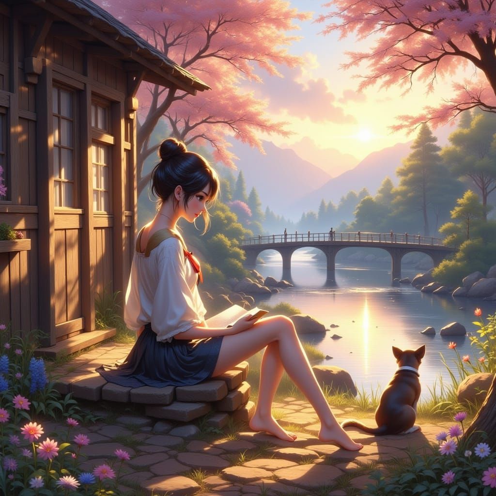 Woman Reading with Dog in Serene Landscape, Ethereal Art Sty...