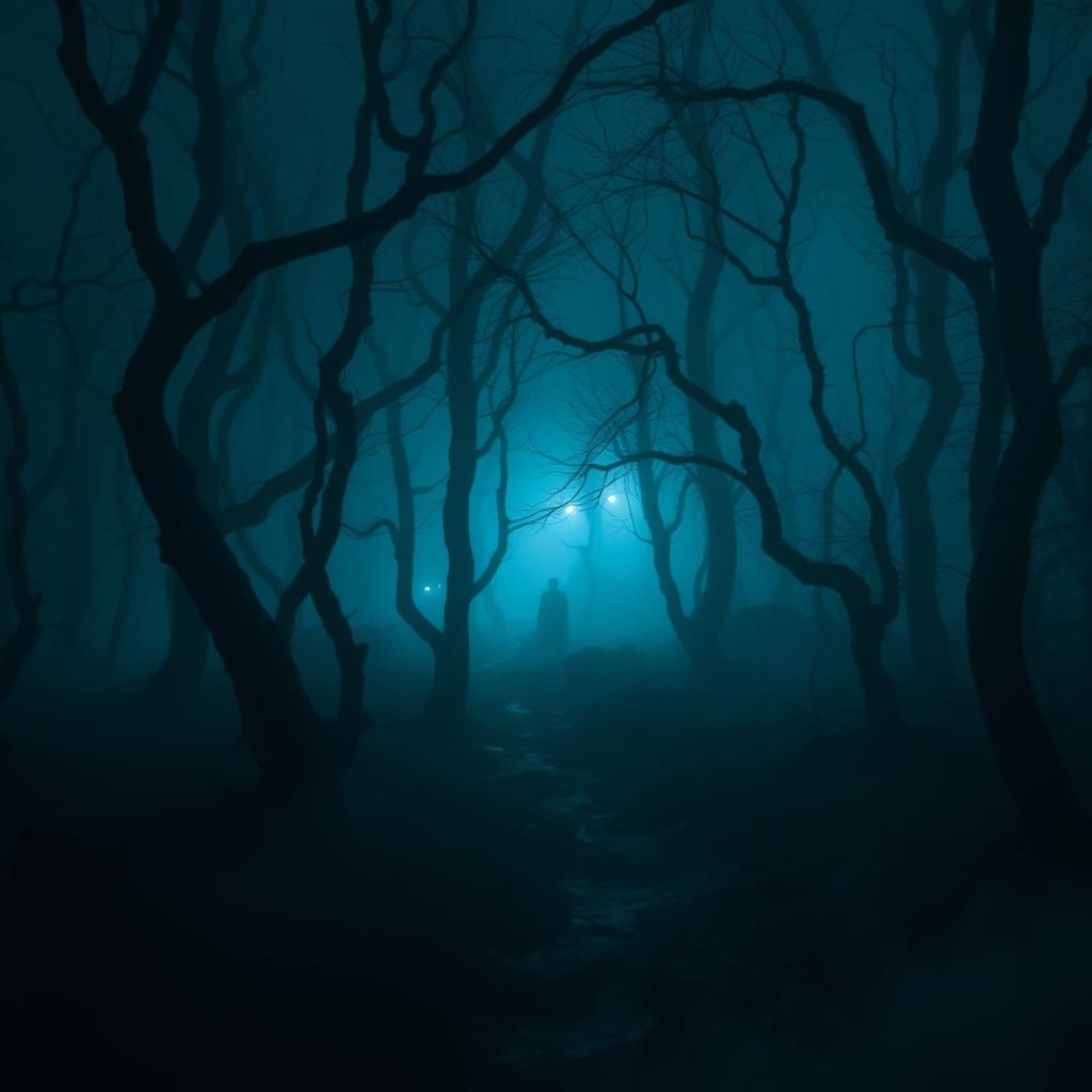 Eerie Forest with Twisted Trees and Fog